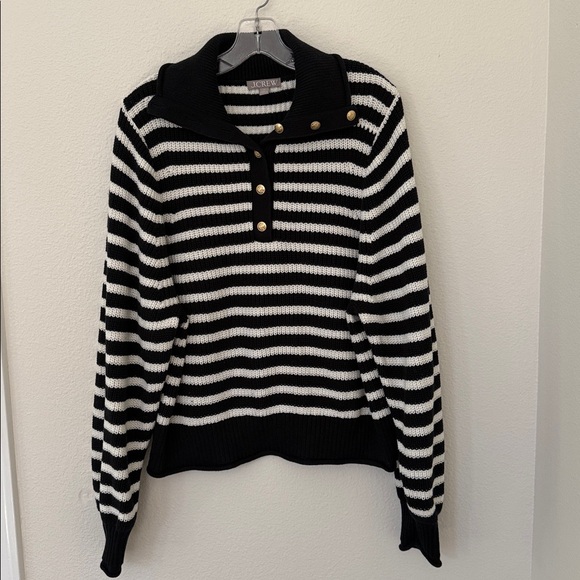 J. Crew Ribbed Cotton Button-Collar Sweater in Black and White Stripe Size XL - Picture 4 of 8